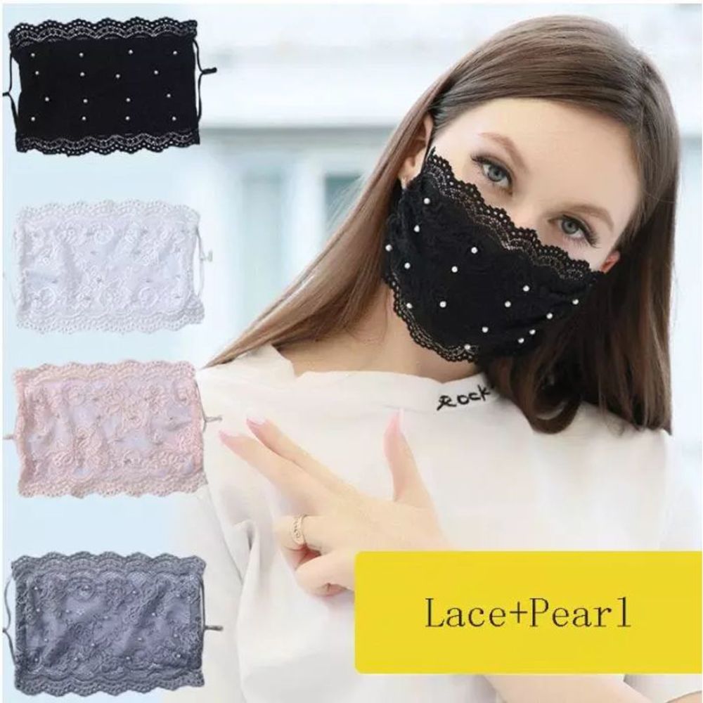 Beautiful Gray Lace Face Mask with Pearls - Picture 8 of 10
